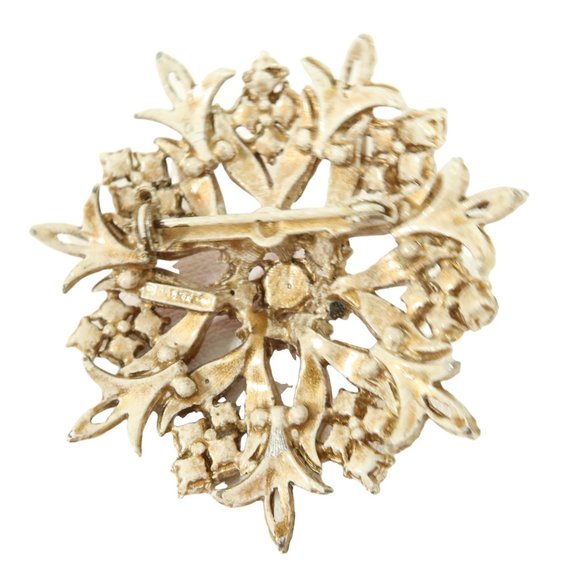 Vintage FLORENZA Pink Rhinestone Gold Tone Antiqued Enamel Flower Brooch - Picture 4 of 5